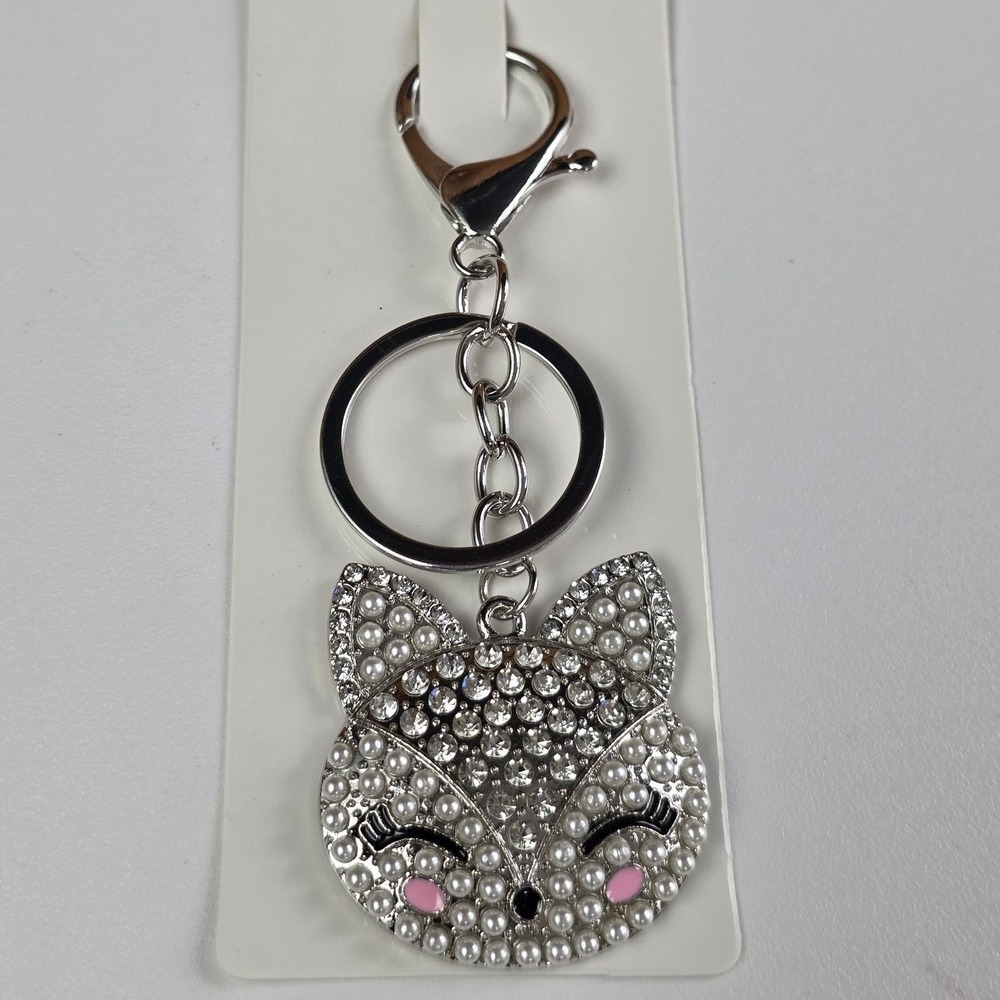 Pastel Collection Fox Bag Charm Key Chain Silver NEW Pearl Rhinestone